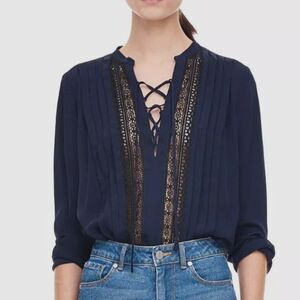 Rebecca Taylor Silk Lace Up Georgette Long Sleeve Navy Blouse 2
